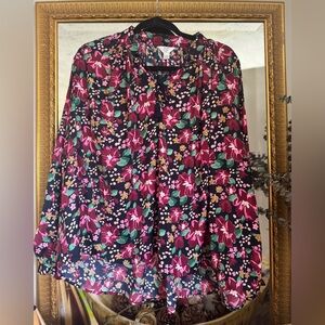 Crown & Ivy Multicolor Floral Blouse with Tassel
